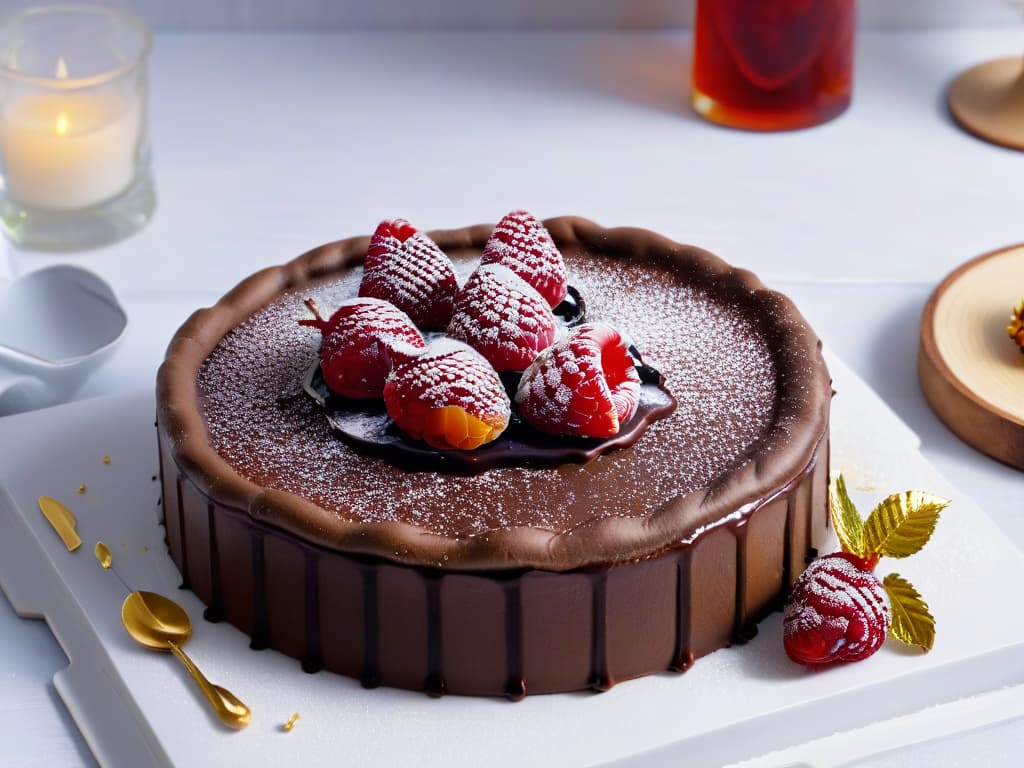  A decadent chocolate tart with a glossy finish, adorned with delicate gold leaf flakes and fresh raspberries on a sleek marble serving board. The tart is perfectly sliced, showcasing a rich, velvety chocolate filling contrasting beautifully with the vibrant red of the raspberries. The background is a soft focus kitchen setting with elegant utensils and a hint of greenery, adding a touch of sophistication to the scene. hyperrealistic, full body, detailed clothing, highly detailed, cinematic lighting, stunningly beautiful, intricate, sharp focus, f/1. 8, 85mm, (centered image composition), (professionally color graded), ((bright soft diffused light)), volumetric fog, trending on instagram, trending on tumblr, HDR 4K, 8K