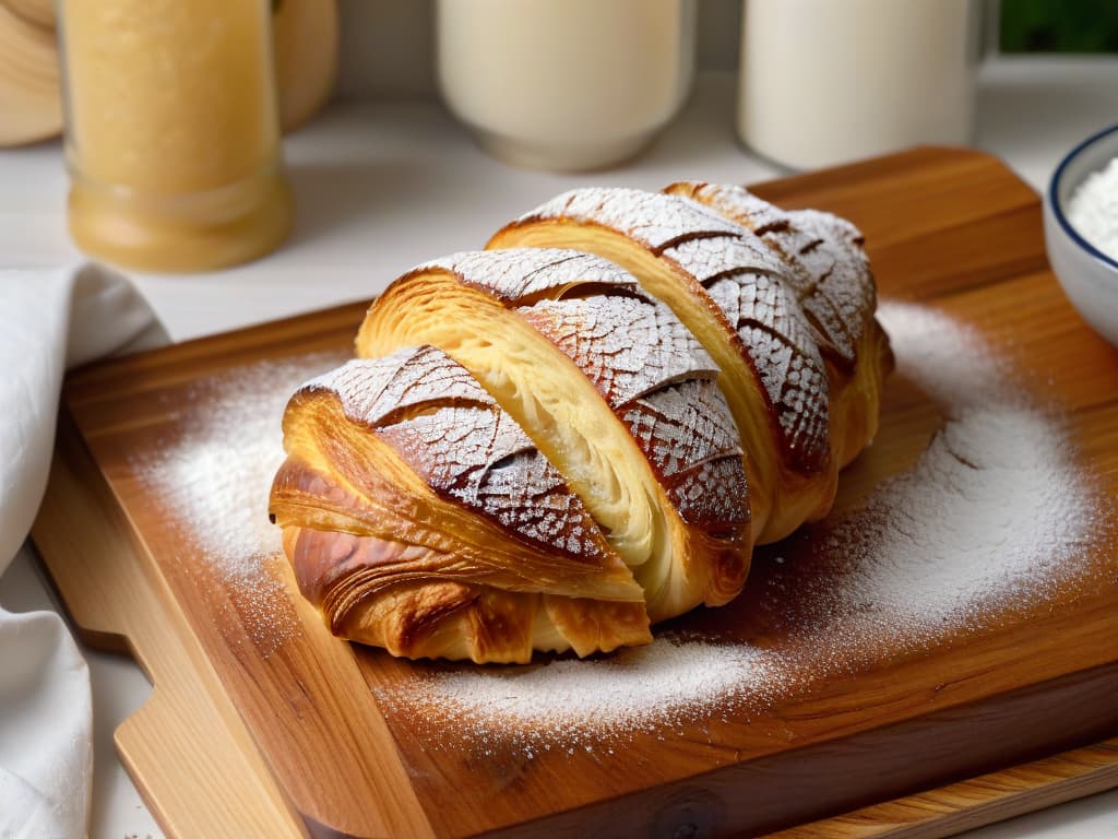  A closeup, ultradetailed image of a perfectly golden and flaky croissant, freshly baked and placed on a rustic wooden cutting board. The croissant is delicately sprinkled with powdered sugar, with visible layers of buttery pastry glistening in the soft natural light. The intricate textures and rich colors of the croissant are the focal point, inviting viewers to imagine the indulgent experience of enjoying a freshly baked pastry in a serene baking retreat setting. hyperrealistic, full body, detailed clothing, highly detailed, cinematic lighting, stunningly beautiful, intricate, sharp focus, f/1. 8, 85mm, (centered image composition), (professionally color graded), ((bright soft diffused light)), volumetric fog, trending on instagram, trending on tumblr, HDR 4K, 8K