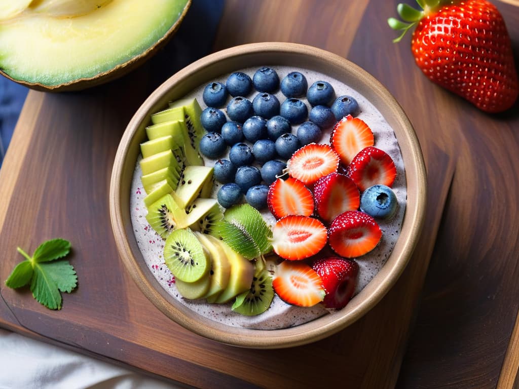  A highresolution, minimaliststyle image of a vibrant açaí bowl topped with fresh fruits such as blueberries, strawberries, and kiwi, sprinkled with chia seeds and coconut flakes, set against a clean, white background. The açaí bowl is perfectly arranged, showcasing a beautiful contrast of colors and textures, evoking a sense of freshness and energy. hyperrealistic, full body, detailed clothing, highly detailed, cinematic lighting, stunningly beautiful, intricate, sharp focus, f/1. 8, 85mm, (centered image composition), (professionally color graded), ((bright soft diffused light)), volumetric fog, trending on instagram, trending on tumblr, HDR 4K, 8K