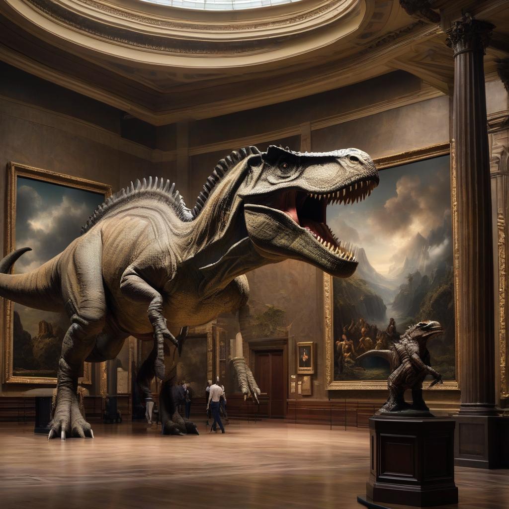  On the left side of the painting is a dinosaur and the 12 apostles in the museum hall. hyperrealistic, full body, detailed clothing, highly detailed, cinematic lighting, stunningly beautiful, intricate, sharp focus, f/1. 8, 85mm, (centered image composition), (professionally color graded), ((bright soft diffused light)), volumetric fog, trending on instagram, trending on tumblr, HDR 4K, 8K