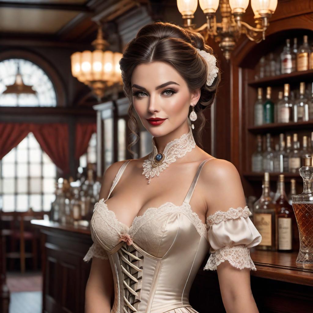  Create a highly detailed, realistic image of a hot in a bustling saloon setting from the 1830s. The should have an alluring and confident posture, dressed in period-accurate attire that exudes both elegance and a touch of charm. Her fashion includes a full-length dress with intricate lace and ribbon details, a corset enhancing her silhouette, and her hair styled in an elaborate updo that's fashionable for the time. She's at the center of attention, standing near the bar with a coy smile, holding a delicate fan. The saloon is filled with patrons, engaging in animated conversations, playing cards, and enjoying drinks. The interior has rich wooden paneling, vintage furnishings, and soft, warm lighting that creates invitin hyperrealistic, full body, detailed clothing, highly detailed, cinematic lighting, stunningly beautiful, intricate, sharp focus, f/1. 8, 85mm, (centered image composition), (professionally color graded), ((bright soft diffused light)), volumetric fog, trending on instagram, trending on tumblr, HDR 4K, 8K