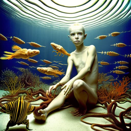  A young woman with no clothes on holding a coloured gecko and surrounded by striped rusty metal robotic fishes from a dstopian labyrinth , stable diffusion, absolute reality v1.6, perfect symmetry, photo realistic raw, in the style of jock sturges and David hamilton , atmospheric