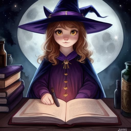  watercolor, storybook, child-book, witch, A curious girl in a purple hat looking at a large, bright yellow star next to the moon, characters include: curious girl in purple hat, large yellow star, moon, best quality, very detailed, high resolution, sharp, sharp image hyperrealistic, full body, detailed clothing, highly detailed, cinematic lighting, stunningly beautiful, intricate, sharp focus, f/1. 8, 85mm, (centered image composition), (professionally color graded), ((bright soft diffused light)), volumetric fog, trending on instagram, trending on tumblr, HDR 4K, 8K