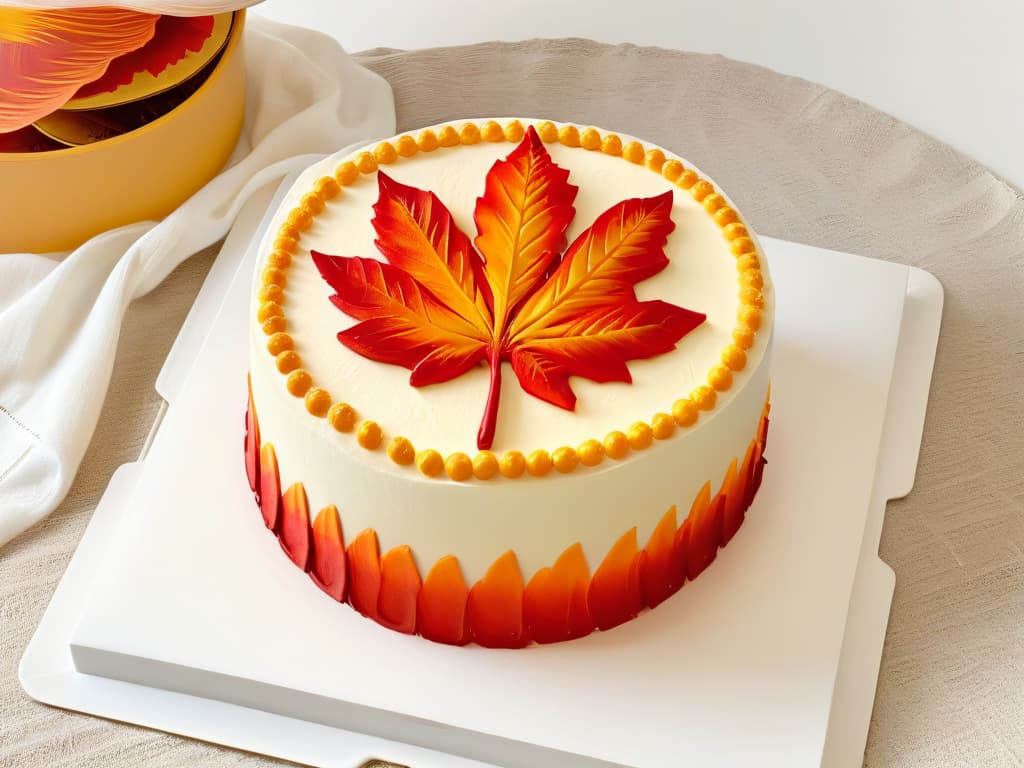  An ultradetailed image of a stunning Canadian maple leafshaped cake, intricately decorated with delicate icing in shades of red, orange, and yellow to resemble the vibrant colors of autumn. The cake sits on a sleek, modern white platter, set against a simple, elegant backdrop to highlight its intricate design and celebrate the essence of Canadian flavors and seasonal beauty. hyperrealistic, full body, detailed clothing, highly detailed, cinematic lighting, stunningly beautiful, intricate, sharp focus, f/1. 8, 85mm, (centered image composition), (professionally color graded), ((bright soft diffused light)), volumetric fog, trending on instagram, trending on tumblr, HDR 4K, 8K