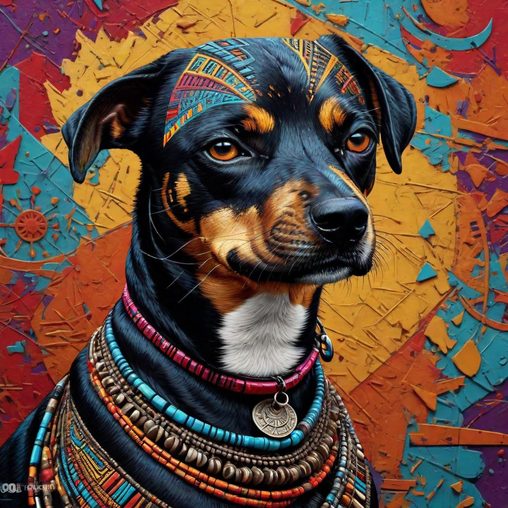  UHD, 8K, portrait of jalil dog, octane engine render, hires photorealistic, intricate details, modern art, colorful facial tribal war paint, art style by Ana Edulescu, using a highly detailed intricate collage composed of ,pop art, funk art, grunge art, surrealism, using unreal composition, minimalistic art, blending seamlessly into a random minimalistic intricate spot color pop art background , android jones and chris dyer, trending on artforum, orwellian style, ink artwork, by Breyten Breytenbach, ralph steadman style, interconnections, concept art of love, conformity, text on paper, inspired by Nicolas Carone,black and white smoke, colorful surreal background