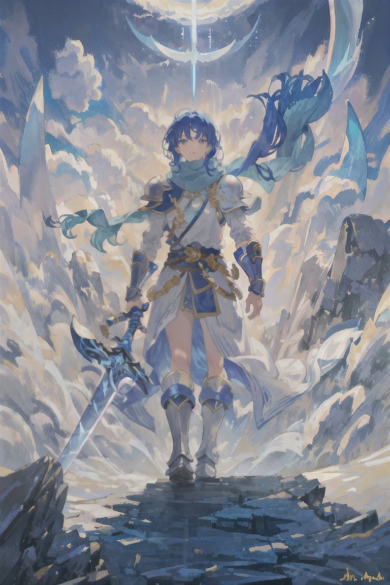  master piece , best quality,Blue hair, long straight hair, male, traveler, blue armor, light blue scarf, magic sword, holy sword