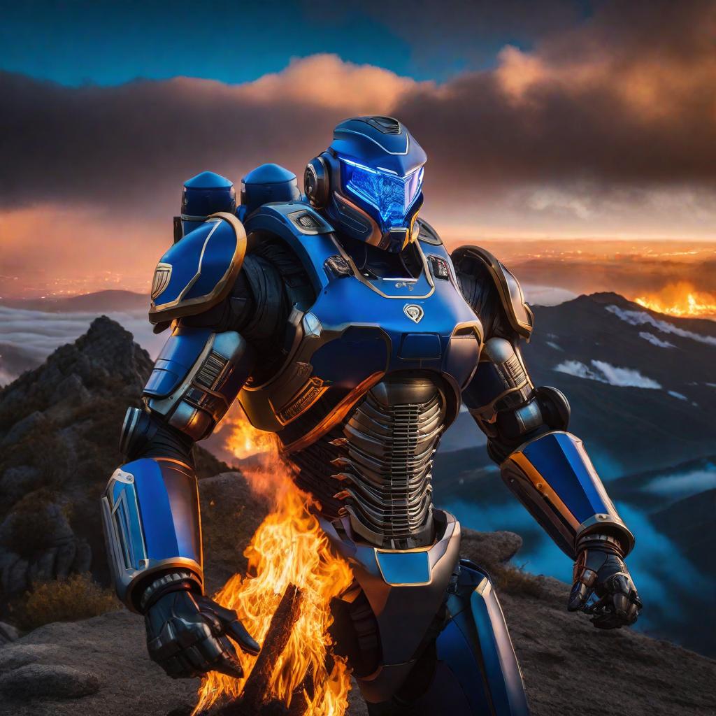  blue sentinelaibot smart brilliant is cooking with fire mountain range hyperrealistic, full body, detailed clothing, highly detailed, cinematic lighting, stunningly beautiful, intricate, sharp focus, f/1. 8, 85mm, (centered image composition), (professionally color graded), ((bright soft diffused light)), volumetric fog, trending on instagram, trending on tumblr, HDR 4K, 8K