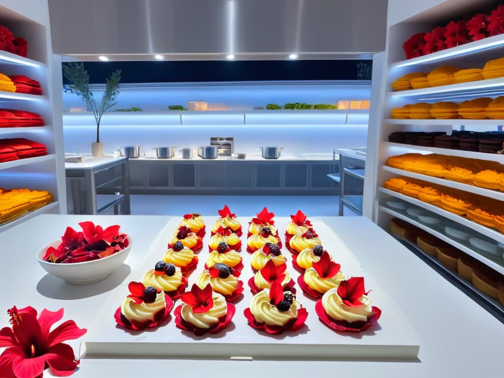  A highresolution, ultradetailed image of a sleek, modern pastry kitchen with minimalist white countertops and shelves, showcasing a beautifully crafted hibiscus flowerinfused dessert as the focal point. The dessert is elegantly plated on a simple, white porcelain dish, with vibrant red hibiscus petals delicately scattered around it. The lighting is soft and natural, emphasizing the vivid colors of the dessert and creating a serene, inspiring atmosphere. hyperrealistic, full body, detailed clothing, highly detailed, cinematic lighting, stunningly beautiful, intricate, sharp focus, f/1. 8, 85mm, (centered image composition), (professionally color graded), ((bright soft diffused light)), volumetric fog, trending on instagram, trending on tumblr, HDR 4K, 8K