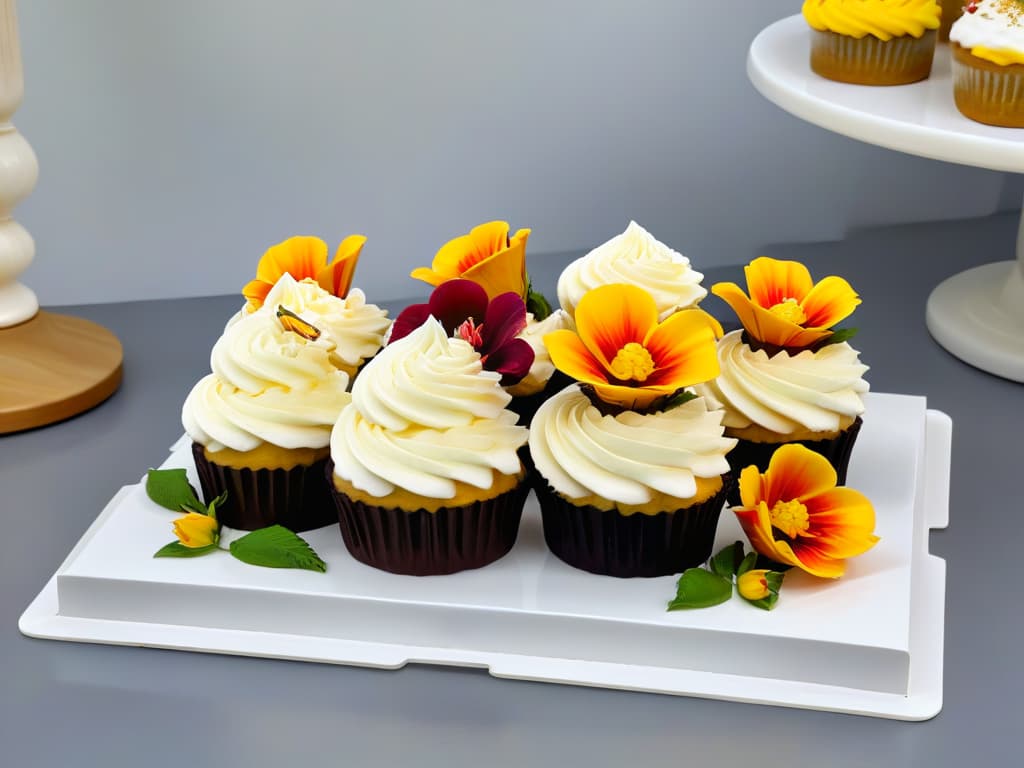  An ultradetailed photorealistic image of a variety of exquisitely decorated cupcakes arranged on a pristine white marble countertop. Each cupcake showcases intricate designs, vibrant colors, and delicate toppings like edible flowers, gold flakes, and piped frosting art. The image captures the impeccable craftsmanship and artistry involved in creating these small, delectable treats, enticing viewers with its visual appeal and inviting them to indulge in the world of pastry craftsmanship. hyperrealistic, full body, detailed clothing, highly detailed, cinematic lighting, stunningly beautiful, intricate, sharp focus, f/1. 8, 85mm, (centered image composition), (professionally color graded), ((bright soft diffused light)), volumetric fog, trending on instagram, trending on tumblr, HDR 4K, 8K