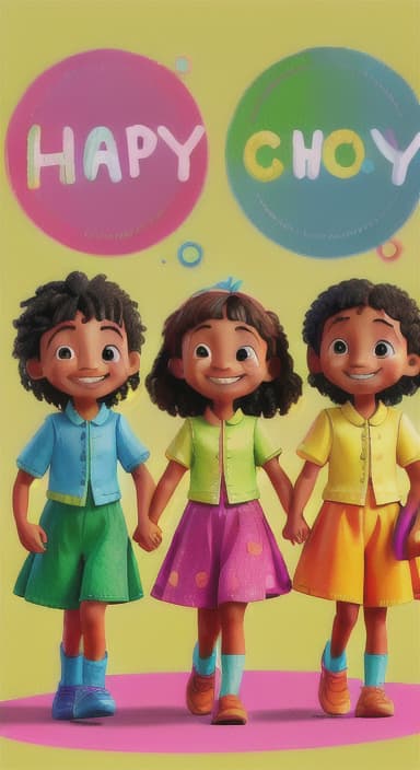  {A bright and colorful book cover with a group of happy children holding hands in a circle., Children of various ethnicities. They are smiling and wearing colorful clothing.