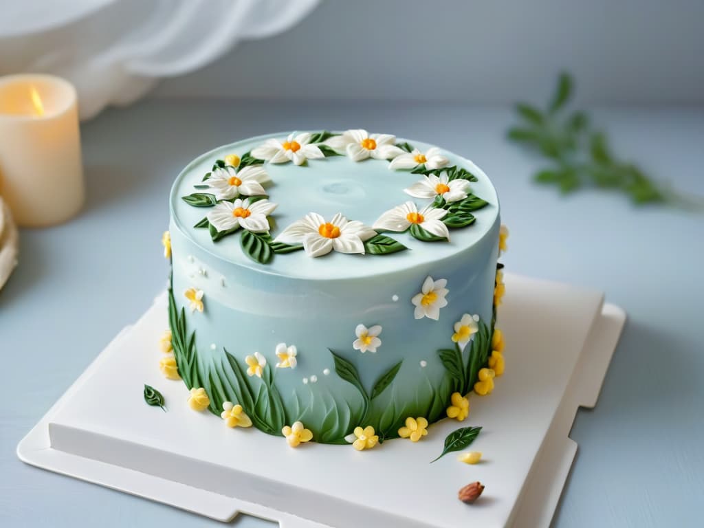  An image of a delicate, handpainted miniature cake with intricate floral designs using edible paint, showcasing the precision and artistry involved in using edible paint for pastry decoration. The cake is displayed on a simple, white ceramic plate against a soft, blurred background to emphasize the fine details and craftsmanship of the edible paintwork. hyperrealistic, full body, detailed clothing, highly detailed, cinematic lighting, stunningly beautiful, intricate, sharp focus, f/1. 8, 85mm, (centered image composition), (professionally color graded), ((bright soft diffused light)), volumetric fog, trending on instagram, trending on tumblr, HDR 4K, 8K