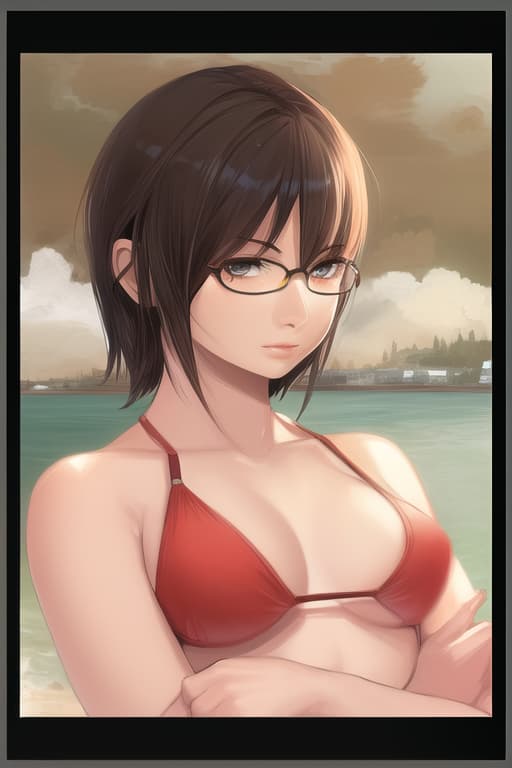  Red rimmed glasses, brown hair, yellow bikini, folded arms, looking at camera, short hair, ultra detailed,, (Masterpiece, BestQuality:1.3), (ultra detailed:1.2), (hyperrealistic:1.3), (RAW photo:1.2),High detail RAW color photo, professional photograph, (Photorealistic:1.4), (realistic:1.4), ,professional lighting, (japanese), beautiful face, (realistic face)