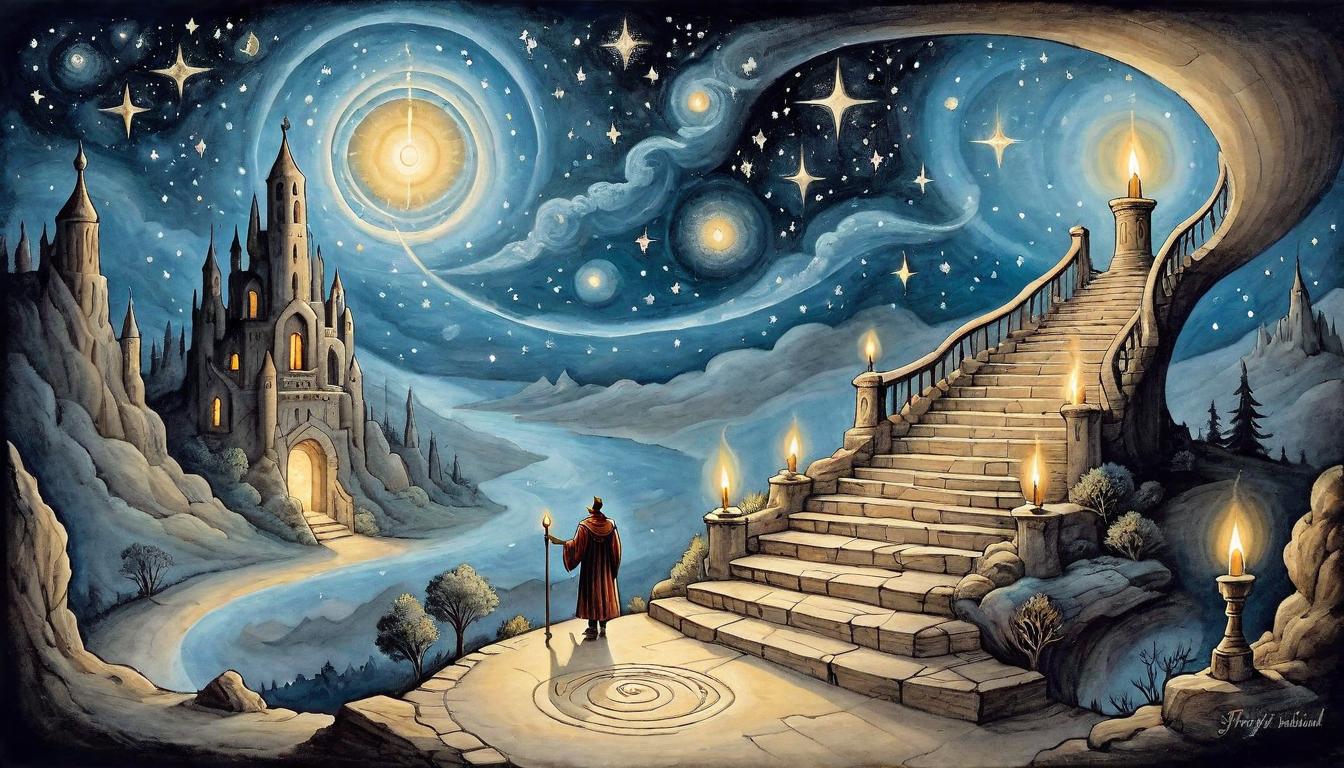  on parchment, surrealism+++, Stairway leading into the stars, each step lit by a candle, symbolizing progression and destiny, solitary figure ascending, Pursuit of higher purpose, illuminated path, celestial journey, Mystical, aspirational, enlightened(mysterious, provocative, symbolic,muted color)+++