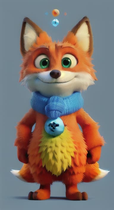  {Error the fox pressing the blue button with his paw, looking puzzled as nothing occurs., Error is a small, bright orange fox with a fluffy tail and big, inquisitive eyes. He has a mischievous yet kind expression and wears a tiny green scarf.