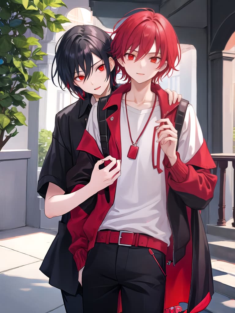  Teenage vampire boy with red hair holding his black haired boyfriend's hand