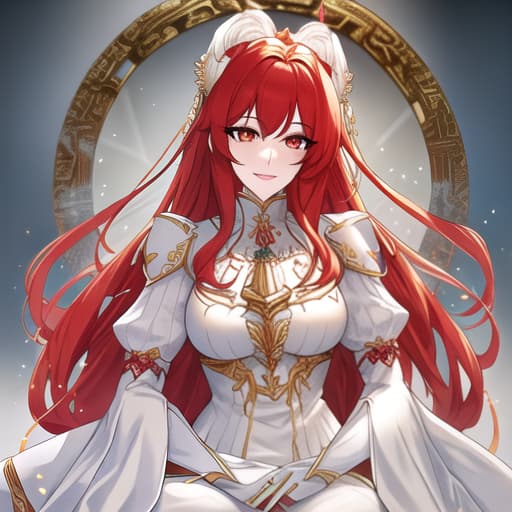  a girl manhua character with red hair and white eyes with white skin wearing noble dress and siting on the throne hyperrealistic, full body, detailed clothing, highly detailed, cinematic lighting, stunningly beautiful, intricate, sharp focus, f/1. 8, 85mm, (centered image composition), (professionally color graded), ((bright soft diffused light)), volumetric fog, trending on instagram, trending on tumblr, HDR 4K, 8K