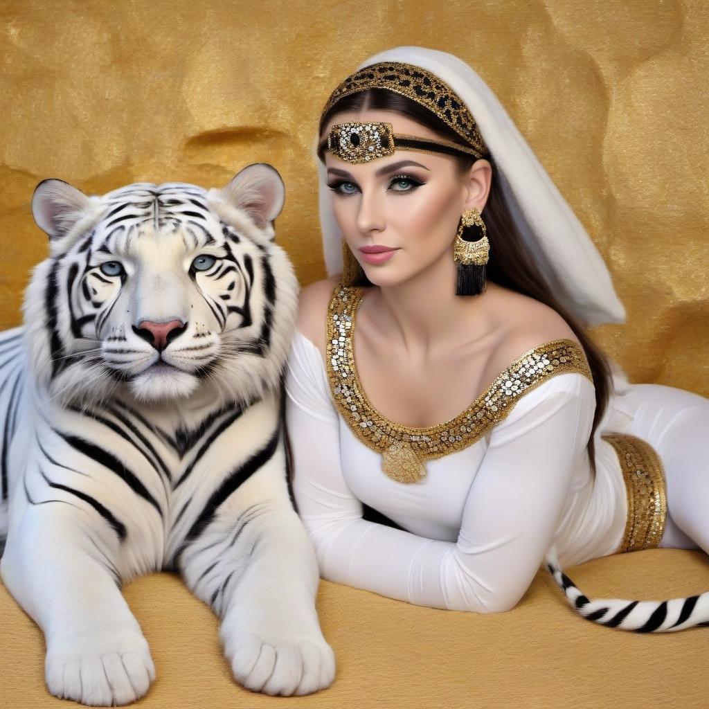  The is a white tigress, in the black of the , in the costume of the goddess Cleopatra, lies on white pillows, she is emced by a white tiger.In the style of Klimt