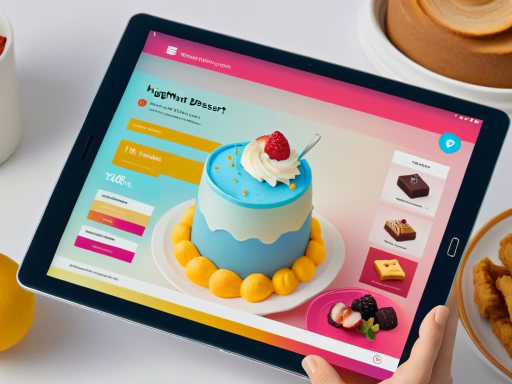  A highresolution, minimalist image of a sleek, futuristic dessert design app interface displayed on a modern tablet screen. The interface showcases vibrant pastel colors, intuitive userfriendly controls, and intricate dessert design options like customizable cake layers, frosting textures, and decorative elements. The overall aesthetic is clean, sophisticated, and visually appealing, embodying the cuttingedge technology and creativity driving the trends in dessert design apps for 2023. hyperrealistic, full body, detailed clothing, highly detailed, cinematic lighting, stunningly beautiful, intricate, sharp focus, f/1. 8, 85mm, (centered image composition), (professionally color graded), ((bright soft diffused light)), volumetric fog, trending on instagram, trending on tumblr, HDR 4K, 8K