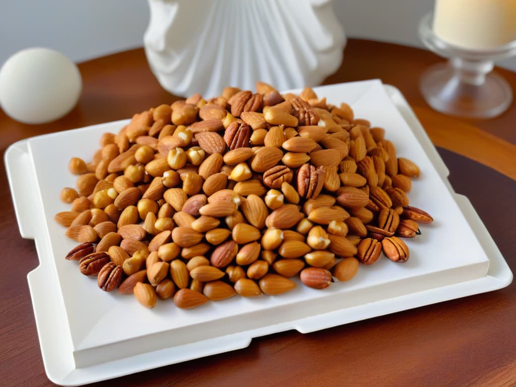  An ultradetailed image of a variety of nuts such as almonds, pecans, and walnuts, caramelized to perfection, glistening with a shiny caramel coating. The nuts are elegantly arranged on a sleek, minimalistic white platter, exuding a rich, golden hue that contrasts beautifully with the pristine background. Each nut is meticulously caramelized, showcasing a glossy sheen and a perfect crunch, enticing the viewer with their decadent texture and rich flavor. hyperrealistic, full body, detailed clothing, highly detailed, cinematic lighting, stunningly beautiful, intricate, sharp focus, f/1. 8, 85mm, (centered image composition), (professionally color graded), ((bright soft diffused light)), volumetric fog, trending on instagram, trending on tumblr, HDR 4K, 8K