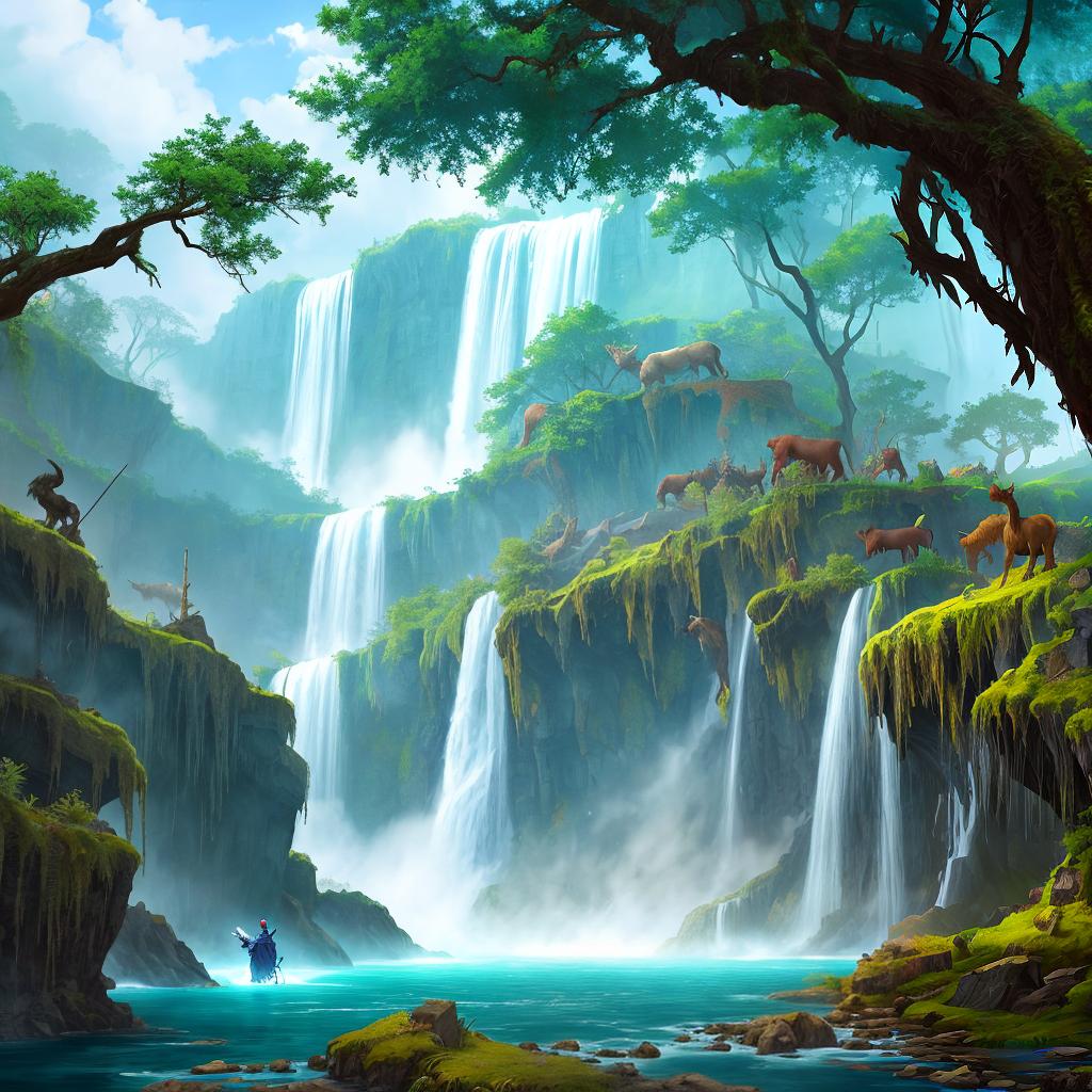  in a fantasy setting, Paint a surreal landscape where mythical beasts roam amidst cascading waterfalls.