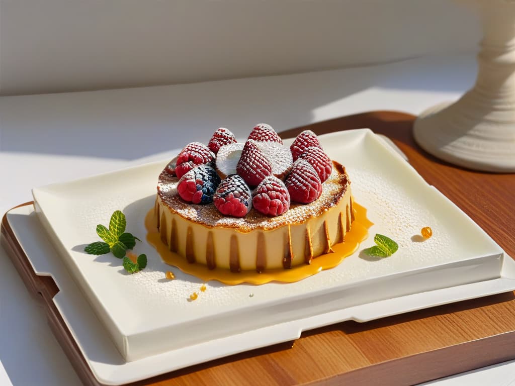  A highresolution image of a single, perfectly plated, elegant dessert on a clean, white ceramic plate. The dessert is a delicate fruit tart with a glossy glaze, topped with a single vibrant raspberry and a sprinkle of edible gold flakes. The background is a soft, blurred white to emphasize the minimalist aesthetic, with subtle natural light casting a gentle shadow beside the dessert, enhancing its visual appeal. hyperrealistic, full body, detailed clothing, highly detailed, cinematic lighting, stunningly beautiful, intricate, sharp focus, f/1. 8, 85mm, (centered image composition), (professionally color graded), ((bright soft diffused light)), volumetric fog, trending on instagram, trending on tumblr, HDR 4K, 8K