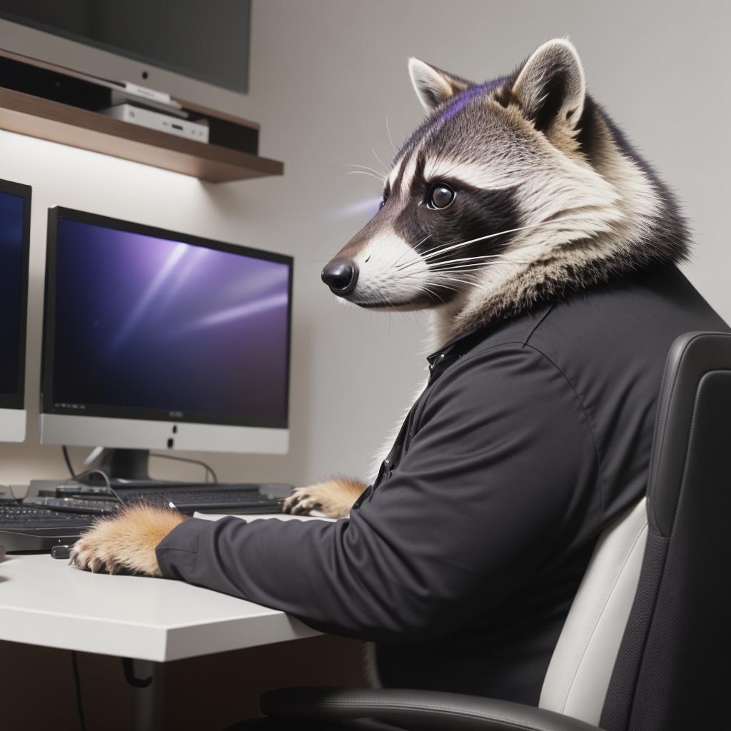  raccoon sitting in gaming chair front a computer on desktop, ((semi anthropomorphic)),(full body), tail, belly, sitting, fat, (chubby), (((white background))), solo, desktop, gaming chair, side view,  [[[clothes]]] hyperrealistic, full body, detailed clothing, highly detailed, cinematic lighting, stunningly beautiful, intricate, sharp focus, f/1. 8, 85mm, (centered image composition), (professionally color graded), ((bright soft diffused light)), volumetric fog, trending on instagram, trending on tumblr, HDR 4K, 8K