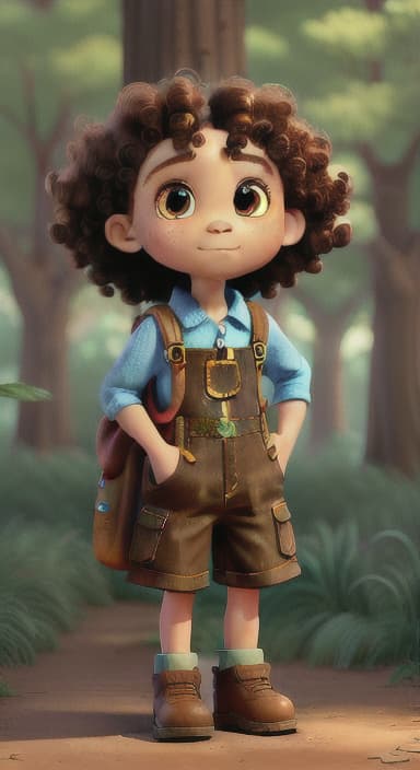  {The tree with a twinkling eye, while its leaves gently rustle., Riley, a curious with big brown eyes and curly hair, wearing overalls and carrying a small backpack. Their friend, Skye, a bluebird with shiny feathers.