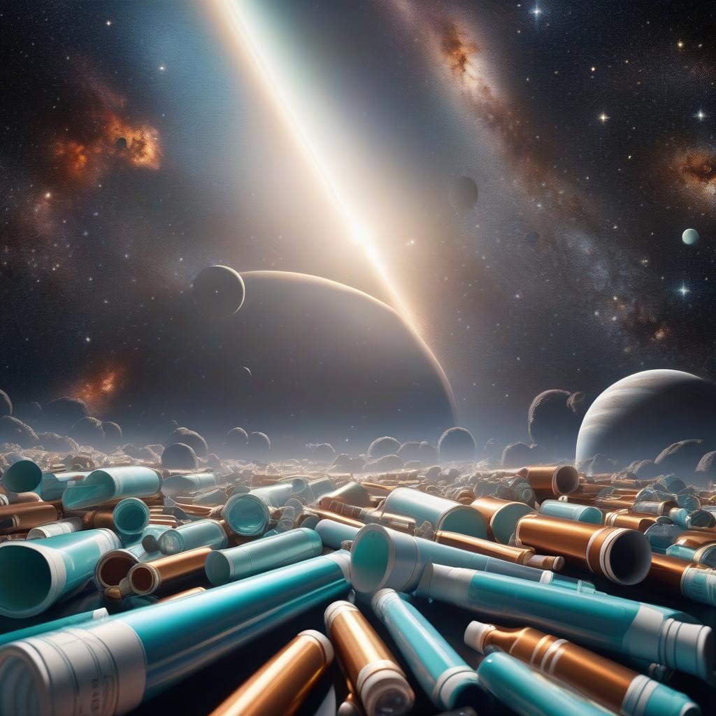  space themed Millions of tubes of toothpaste on all continents of the Earth from space view . cosmic, celestial, stars, galaxies, nebulas, planets, science fiction, highly detailed hyperrealistic, full body, detailed clothing, highly detailed, cinematic lighting, stunningly beautiful, intricate, sharp focus, f/1. 8, 85mm, (centered image composition), (professionally color graded), ((bright soft diffused light)), volumetric fog, trending on instagram, trending on tumblr, HDR 4K, 8K