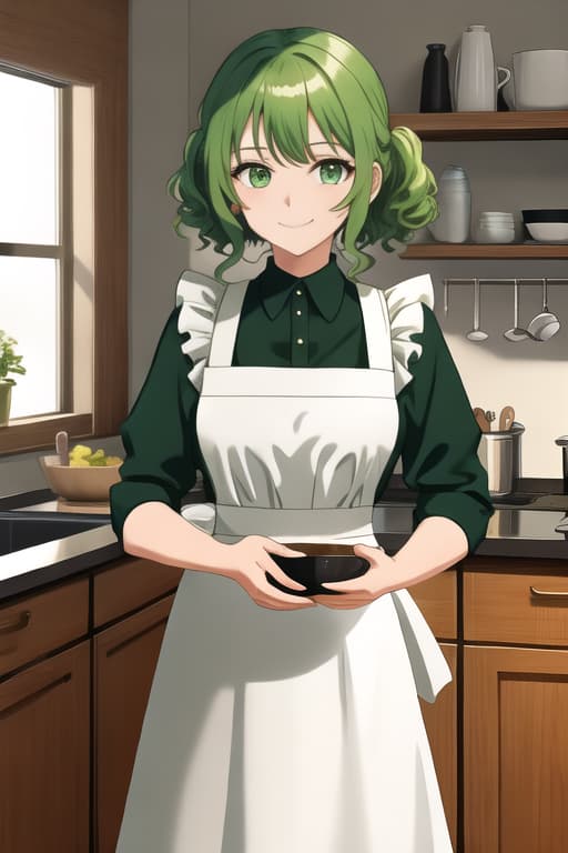  best quality, 1girl, (solo), standing, noodle hair, green hair, green eyes, light smile, closed mouth, medium, maid dress, kitchen,