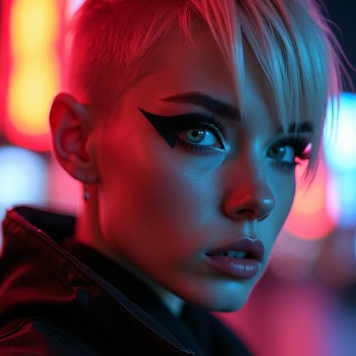  ultra realistic close up portrait ((beautiful pale cyberpunk female with heavy black eyeliner)), blue eyes, shaved side haircut, hyper detail, cinematic lighting, magic neon, dark red city, canon eos r3, nikon, f/1.4, iso 200, 1/160s, 8k, raw, unedited, symmetrical balance, in frame, 8k hyperrealistic, full body, detailed clothing, highly detailed, cinematic lighting, stunningly beautiful, intricate, sharp focus, f/1. 8, 85mm, (centered image composition), (professionally color graded), ((bright soft diffused light)), volumetric fog, trending on instagram, trending on tumblr, HDR 4K, 8K