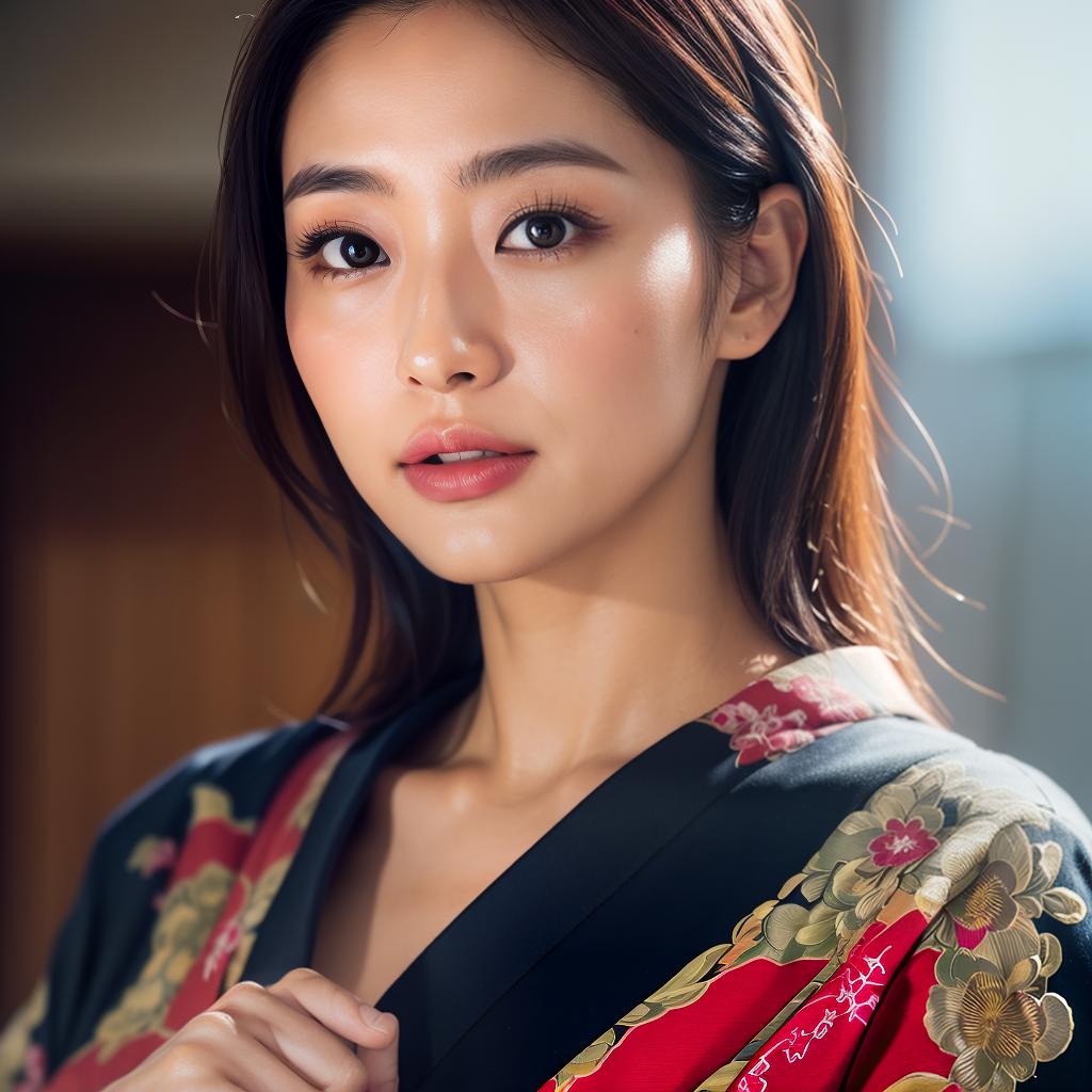  (masterpiece:1.3), (8k, photorealistic, photo, best quality: 1.4), (Japanese woman wearing clothes:),(realistic face), realistic eyes, (realistic skin), beautiful skin, kimono, (perfect body:1.3), (detailed body:1.2), hyperrealistic, full body, detailed clothing, highly detailed, cinematic lighting, stunningly beautiful, intricate, sharp focus, f/1. 8, 85mm, (centered image composition), (professionally color graded), ((bright soft diffused light)), volumetric fog, trending on instagram, trending on tumblr, HDR 4K, 8K