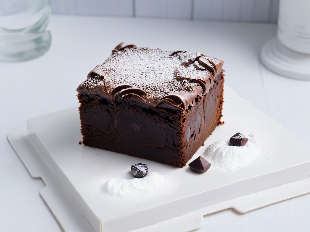  An 8k ultradetailed image of a perfectly baked glutenfree brownie, placed on a sleek, modern white plate with a dusting of powdered sugar on top. The brownie is rich, moist, and decadent, showcasing a fudgy texture with small chunks of dark chocolate peeking through. The lighting is soft, highlighting the glossy surface of the brownie, inviting the viewer to indulge in its intense chocolatey goodness. hyperrealistic, full body, detailed clothing, highly detailed, cinematic lighting, stunningly beautiful, intricate, sharp focus, f/1. 8, 85mm, (centered image composition), (professionally color graded), ((bright soft diffused light)), volumetric fog, trending on instagram, trending on tumblr, HDR 4K, 8K