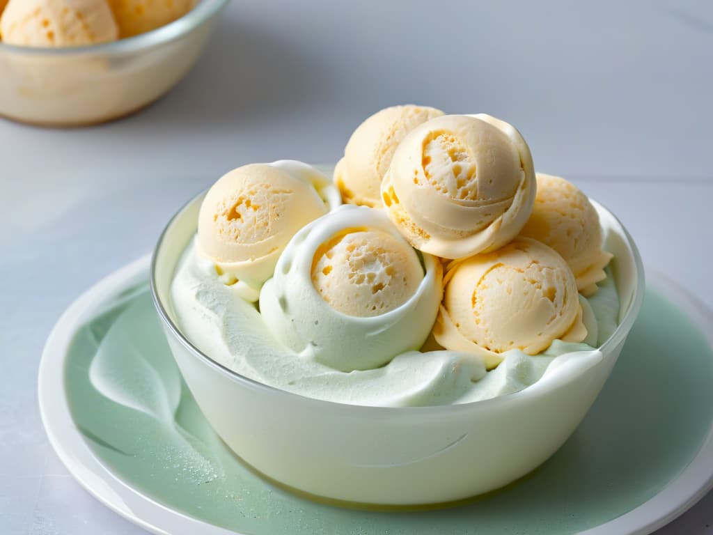  A closeup, ultradetailed photograph of a perfectly smooth and creamy scoop of homemade ice cream, glistening under soft, natural lighting. The ice cream sits elegantly on a delicate, minimalist glass dish, showcasing its rich texture and invitingly cool appearance. The background is subtly blurred, emphasizing the intricate swirls and tiny air bubbles trapped within the scoop, creating a visually captivating and mouthwatering image. hyperrealistic, full body, detailed clothing, highly detailed, cinematic lighting, stunningly beautiful, intricate, sharp focus, f/1. 8, 85mm, (centered image composition), (professionally color graded), ((bright soft diffused light)), volumetric fog, trending on instagram, trending on tumblr, HDR 4K, 8K