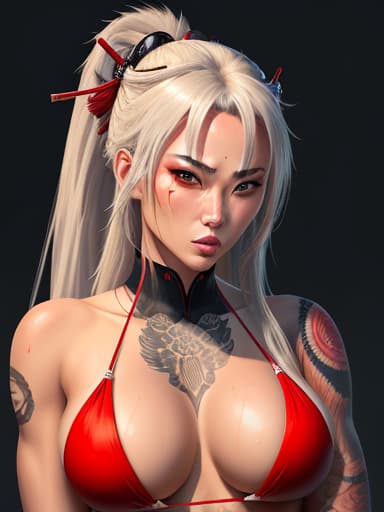  Female samurai , hot , in bikini , tattooed, sweating very much, cute face, long hair, beautiful body and eyes, giving sexy pose , at a medium distance , masterpieces, top quality, best quality, official art, beautiful and aesthetic, realistic, 4K, 8K