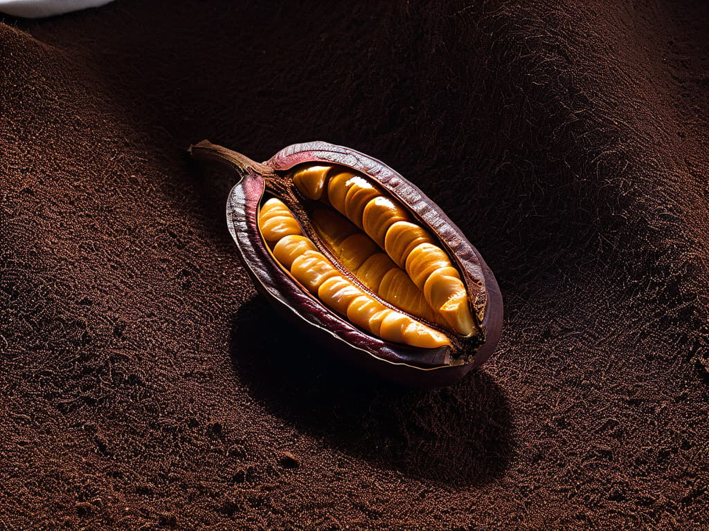  A closeup, ultradetailed image of a single cacao bean split in half, showcasing the intricate patterns and textures of the inner seed, set against a stark white background. The image captures the rich, dark hues of the cacao bean and highlights the organic, natural beauty of this key ingredient in a minimalist and elegant style. hyperrealistic, full body, detailed clothing, highly detailed, cinematic lighting, stunningly beautiful, intricate, sharp focus, f/1. 8, 85mm, (centered image composition), (professionally color graded), ((bright soft diffused light)), volumetric fog, trending on instagram, trending on tumblr, HDR 4K, 8K