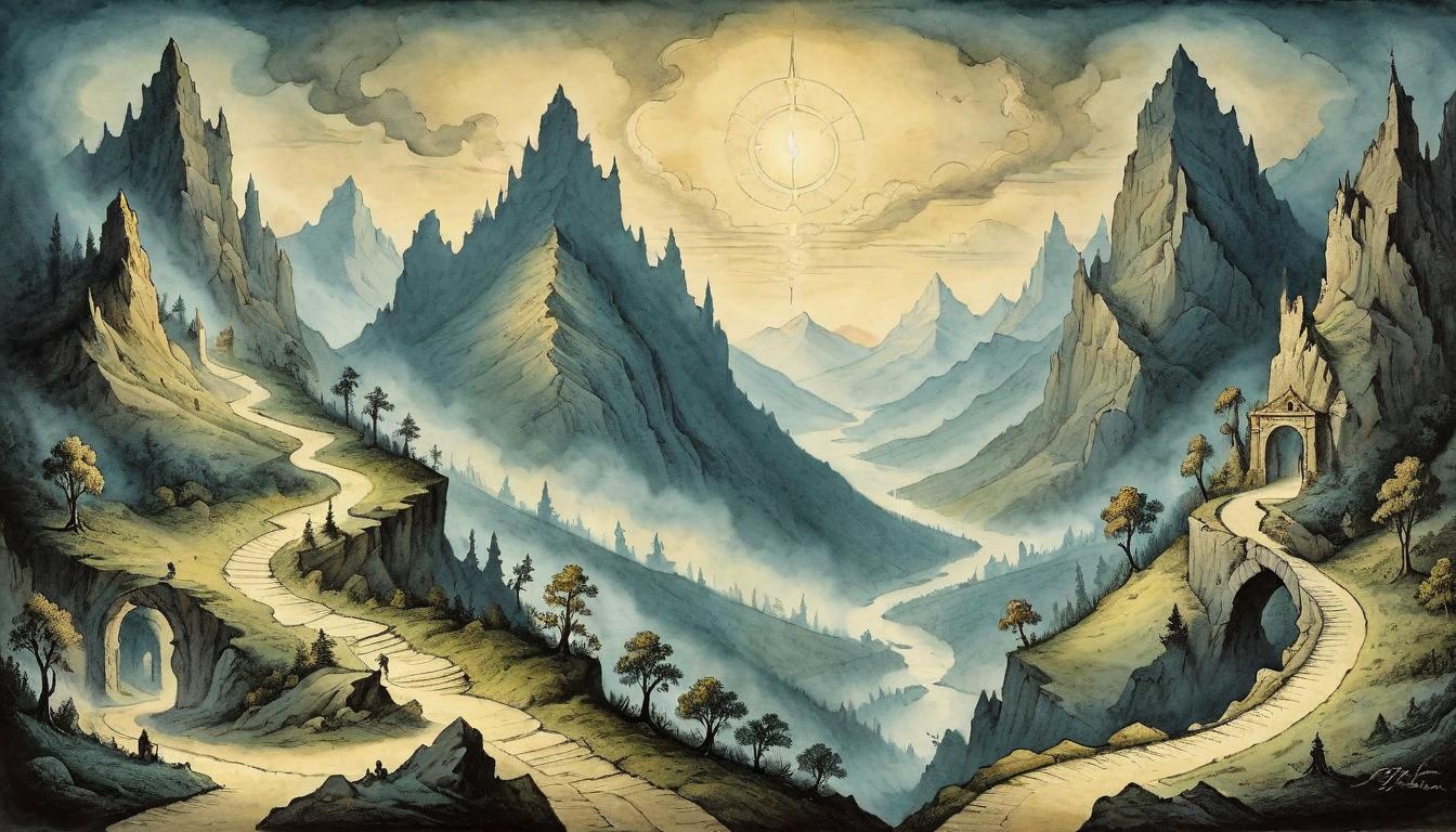  on parchment, surrealism+++, A single path splits into two: one ascending towards a brightly lit mountaintop, the other descending into a shadowy gorge, symbolizing the elevation and descent of the spirit, bifurcated path, light and shadow, ascent and descent.(mysterious, provocative, symbolic,muted color)+++