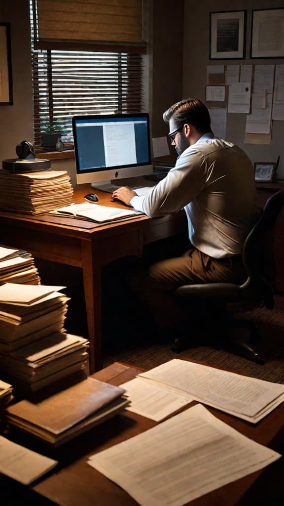  (A dimly lit study or office space, with a desk, laptop, and scattered papers. The room has a warm, cozy atmosphere, suggesting a hardworking, dedicated setting. In the foreground, a determined individual is hunched over the desk, their face obscured but their body language suggesting intense focus and perseverance as they work tirelessly towards their goal.) hyperrealistic, full body, detailed clothing, highly detailed, cinematic lighting, stunningly beautiful, intricate, sharp focus, f/1. 8, 85mm, (centered image composition), (professionally color graded), ((bright soft diffused light)), volumetric fog, trending on instagram, trending on tumblr, HDR 4K, 8K