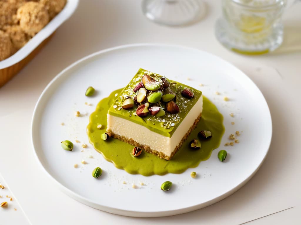  A highresolution image of a beautifully plated halva dessert, showcasing the rich, nutty texture of the African halva topped with a sprinkle of crushed pistachios and a drizzle of honey. The dessert is elegantly presented on a simple, white ceramic plate, set against a soft, blurred background to emphasize the minimalistic style. The halva glistens under a warm, natural light, highlighting its intricate layers and inviting the viewer to savor the flavors and textures of this ancient delicacy. hyperrealistic, full body, detailed clothing, highly detailed, cinematic lighting, stunningly beautiful, intricate, sharp focus, f/1. 8, 85mm, (centered image composition), (professionally color graded), ((bright soft diffused light)), volumetric fog, trending on instagram, trending on tumblr, HDR 4K, 8K