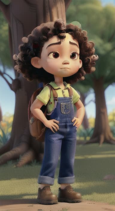  {Riley standing under the tree with eyes closed, making the wish., Riley, a curious with big brown eyes and curly hair, wearing overalls and carrying a small backpack. Their friend, Skye, a bluebird with shiny feathers.