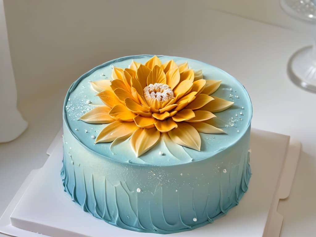  An ultradetailed closeup image of a perfectly crafted, intricate sugar flower delicately placed on top of a decadent and meticulously decorated cake. The flower showcases layers of delicate petals, each one intricately detailed and lifelike, with a subtle dusting of edible shimmer adding a touch of elegance. The background is a soft focus, highlighting the precision and artistry of the sugar creation, embodying the essence of artistic pastry craftsmanship. hyperrealistic, full body, detailed clothing, highly detailed, cinematic lighting, stunningly beautiful, intricate, sharp focus, f/1. 8, 85mm, (centered image composition), (professionally color graded), ((bright soft diffused light)), volumetric fog, trending on instagram, trending on tumblr, HDR 4K, 8K