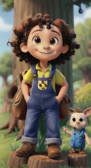  {The tree with a smiling face formed by its bark, looking down at Riley., Riley, a curious with big brown eyes and curly hair, wearing overalls and carrying a small backpack. Their friend, Skye, a bluebird with shiny feathers.