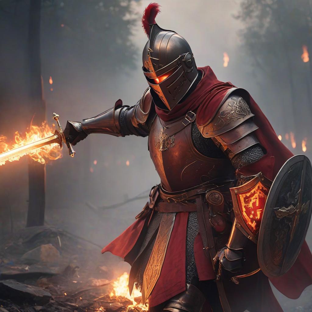  A knight in a red armor with a burning shield and a two handed sword in his hands. His eyes burn red. Explanation: The phrase "рыцарь" translates to "knight," "в красном доспехе" translates to "in a red armor," "с горящими щитом" translates to "with a burning shield," "и двуручным мечом в руках" translates to "and a two handed sword in his hands," and "Его глаза горят красным" translates to "His eyes burn red." hyperrealistic, full body, detailed clothing, highly detailed, cinematic lighting, stunningly beautiful, intricate, sharp focus, f/1. 8, 85mm, (centered image composition), (professionally color graded), ((bright soft diffused light)), volumetric fog, trending on instagram, trending on tumblr, HDR 4K, 8K