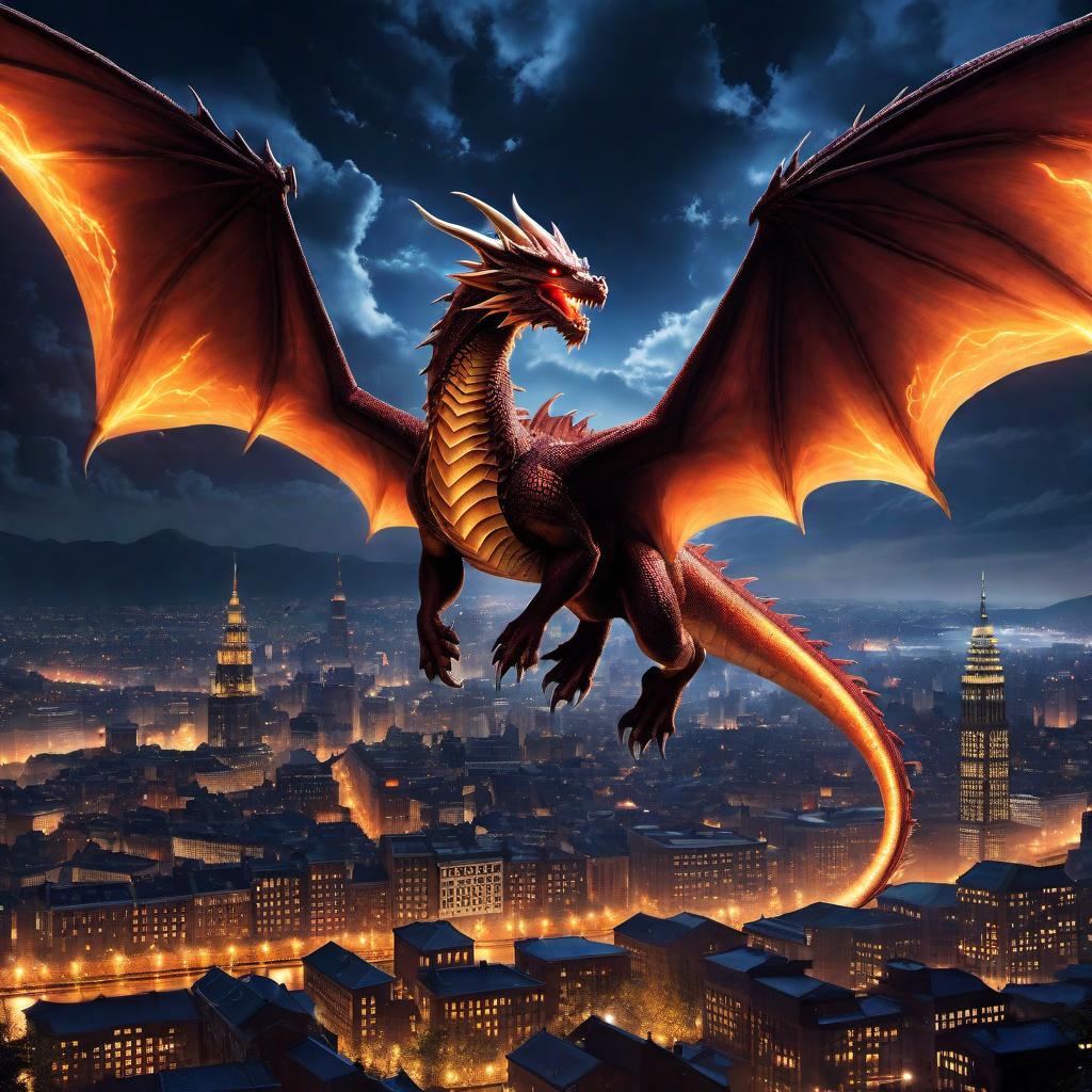  Take the face from the provided image link and place it onto a dragon that is flying over a city at night. The dragon should look powerful and majestic, soaring through the night sky with its wings spread wide. Below the dragon, the city is illuminated with lights from buildings, street lamps, and cars, creating a contrasting scene of urban life against the mythical creature above. The atmosphere should be enchanting and surreal. hyperrealistic, full body, detailed clothing, highly detailed, cinematic lighting, stunningly beautiful, intricate, sharp focus, f/1. 8, 85mm, (centered image composition), (professionally color graded), ((bright soft diffused light)), volumetric fog, trending on instagram, trending on tumblr, HDR 4K, 8K