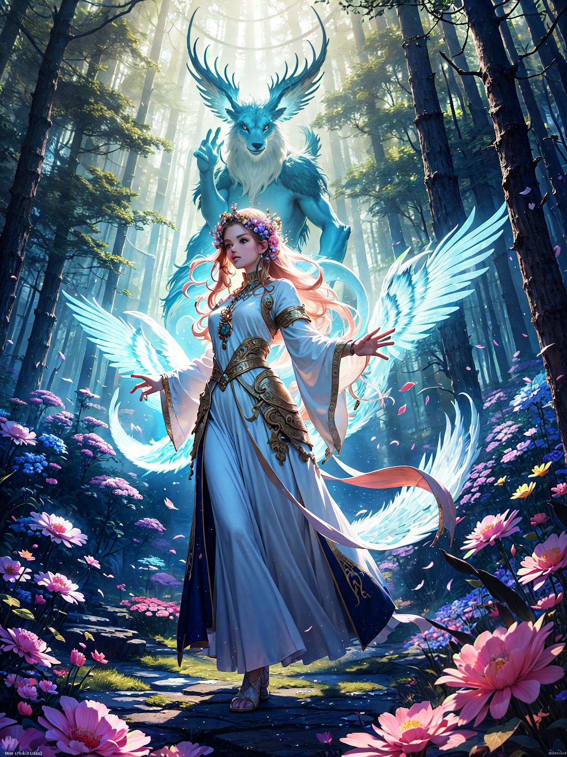  master piece, best quality, ultra detailed, highres, 4k.8k, Mythical beast, Standing gracefully, gazing at the woman, Majestic, BREAK Fantasy illustration of a mythical creature., Enchanted forest, Petals, magical orbs, ancient ruins, glowing flowers, BREAK Mysterious and enchanting, Soft glowing light, hints of magic in the air, ethereal surroundings,