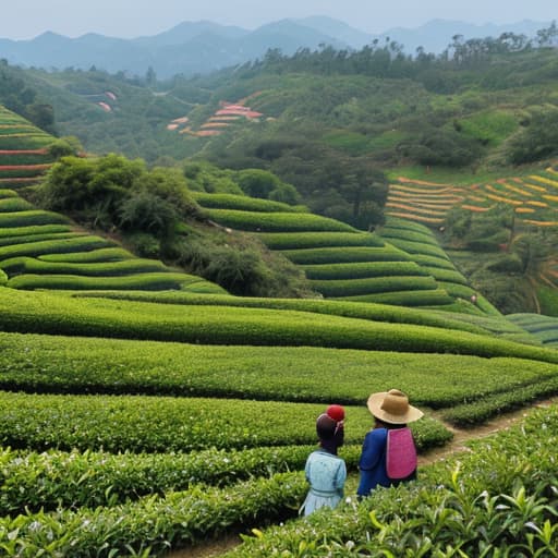  Young rural women picking tea in tea gardens,