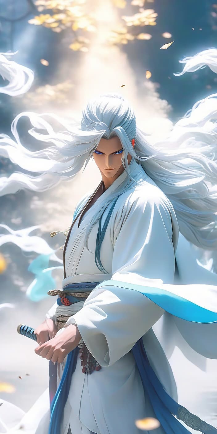  anime artwork A handsome man in a white hanfu, lovely, long white hair, blue eyes, Chinese anime style, 4K. . anime style, key visual, vibrant, studio anime, highly detailed hyperrealistic, full body, detailed clothing, highly detailed, cinematic lighting, stunningly beautiful, intricate, sharp focus, f/1. 8, 85mm, (centered image composition), (professionally color graded), ((bright soft diffused light)), volumetric fog, trending on instagram, trending on tumblr, HDR 4K, 8K