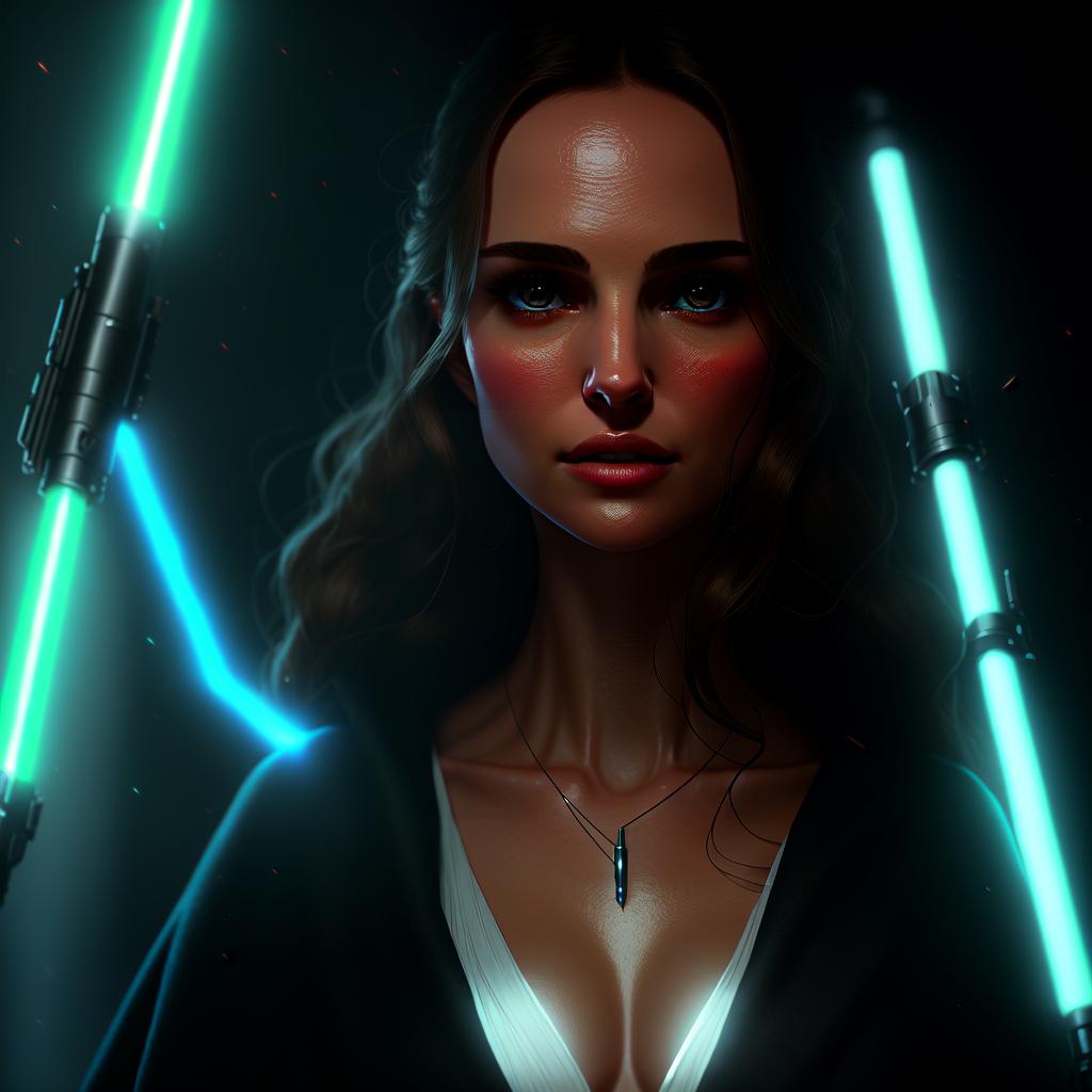  extremely photorealistic like real life wide shot of Natalie Portman as a Jedi knight using her lightsaber to light up a dark cave, light focussed on her face. realistic proportions hyperrealistic, full body, detailed clothing, highly detailed, cinematic lighting, stunningly beautiful, intricate, sharp focus, f/1. 8, 85mm, (centered image composition), (professionally color graded), ((bright soft diffused light)), volumetric fog, trending on instagram, trending on tumblr, HDR 4K, 8K