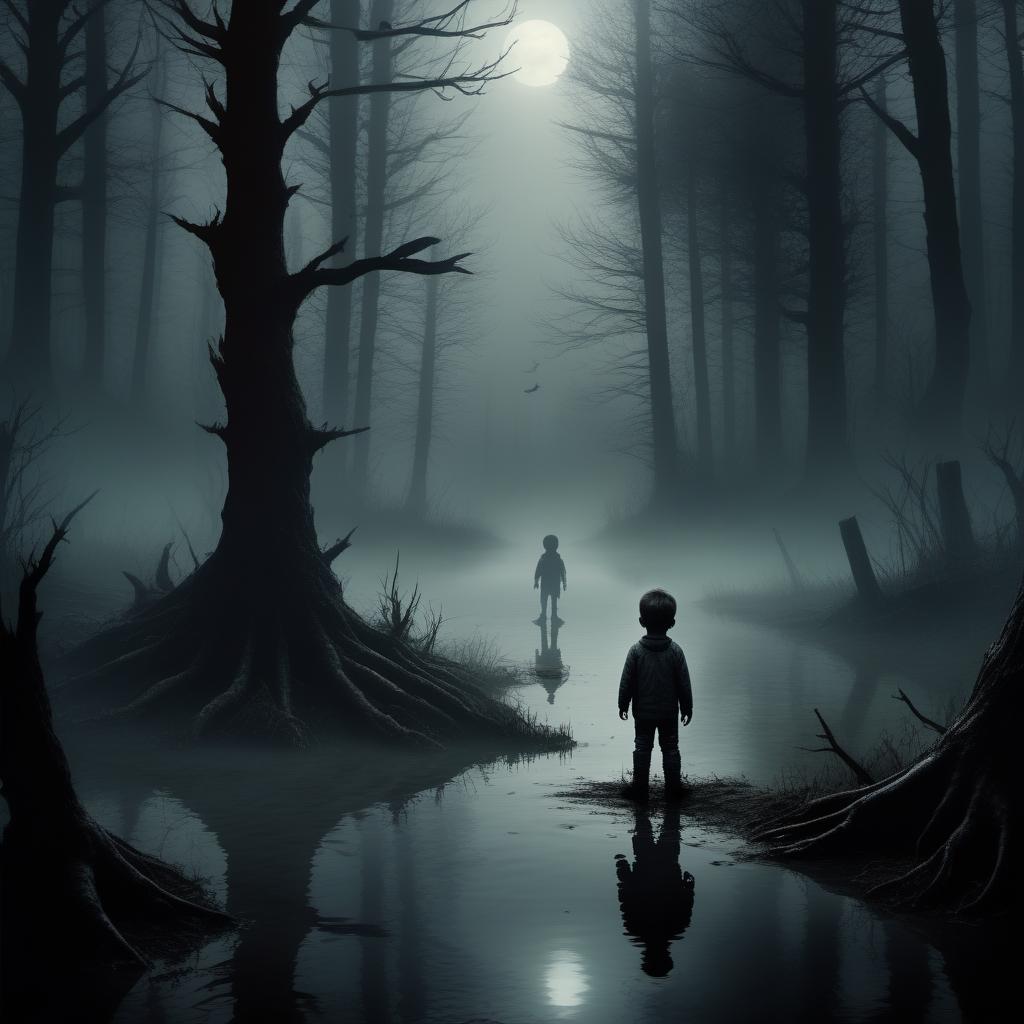  horror-themed A small boy + a scary forest + water + a dirty, muddy puddle + demons + fog . eerie, unsettling, dark, spooky, suspenseful, grim, highly detailed