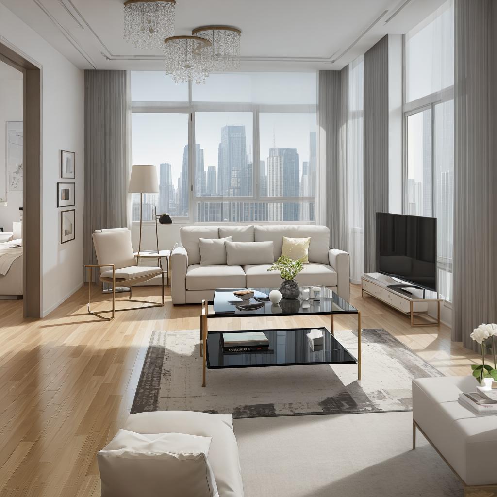  masterpiece, best quality, best quality, masterpiece, 8k resolution, high resolution apartment Living room concept art with floor-to-ceiling windows and modern furniture