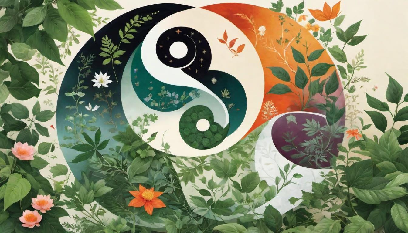  digital illustration A yin yang symbol surrounded by medicinal plants and a meditative figure, illustrating holistic practices as essential, balanced, restorative looking at viewer, dynamic pose, (intricate details, masterpiece, best quality)